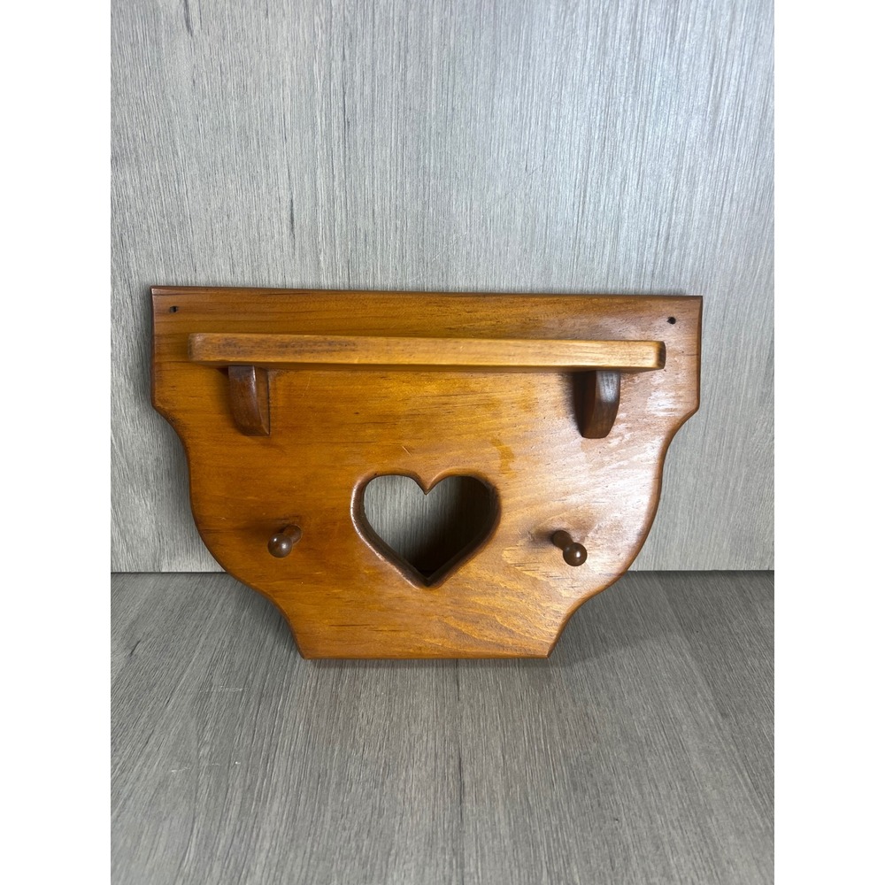 Vintage Handmade Wooden Heart Wall Shelf with Peg Hooks Country Farmhouse Decor